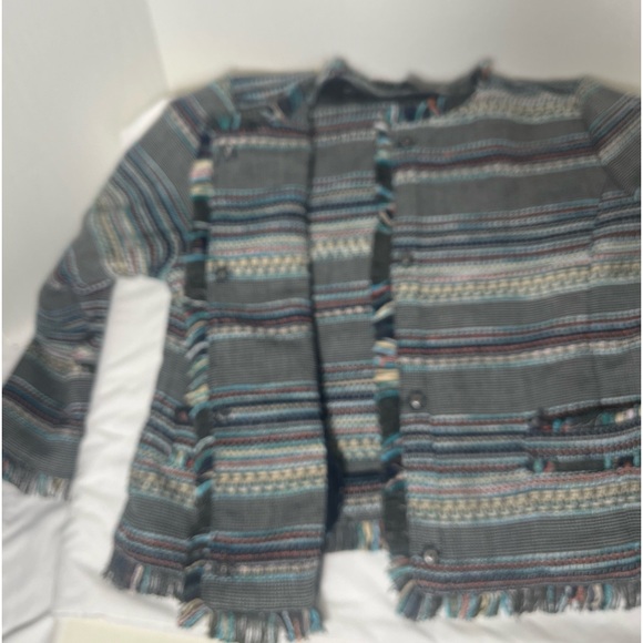 Women’s Halogen Stripped Multicolored Boho Fringe Long Sleeve Jacket Size Medium - Picture 4 of 13